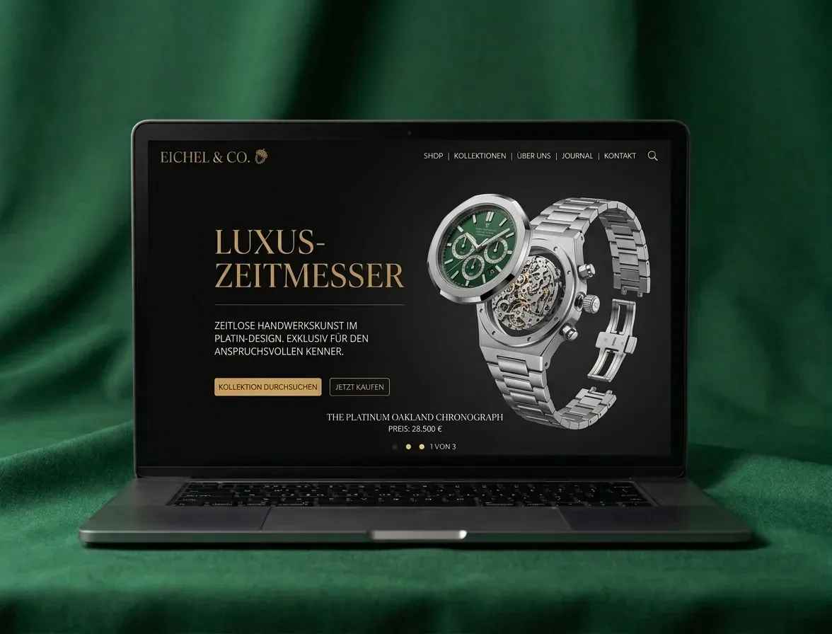 Premium Webdesign für eine Luxusmarke mit hochwertiger Produktpräsentation