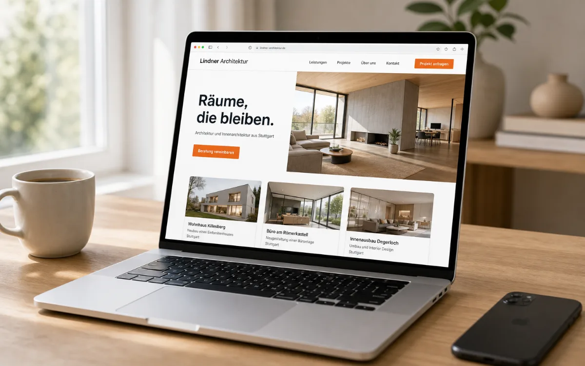 Laptop mit einer neu gestalteten Unternehmenswebsite auf einem hellen Holzschreibtisch, daneben Kaffeetasse und Smartphone